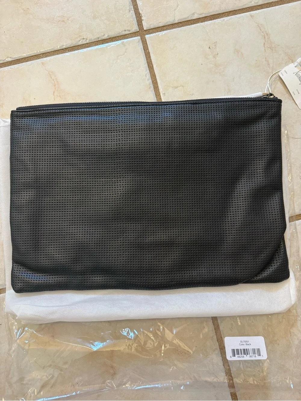 Neiman Marcus Designer Black Perforated Leather Zip Clutch